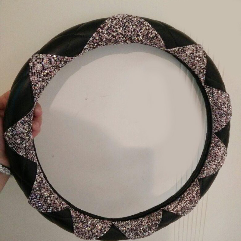 New Luxury Diamond Leather Car Steering Wheel Women Bling Crystal Handle Cover Interior - Black Purple