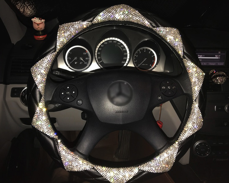 New Luxury Diamond Leather Car Steering Wheel Women Bling Crystal Handle Cover Interior - Black White