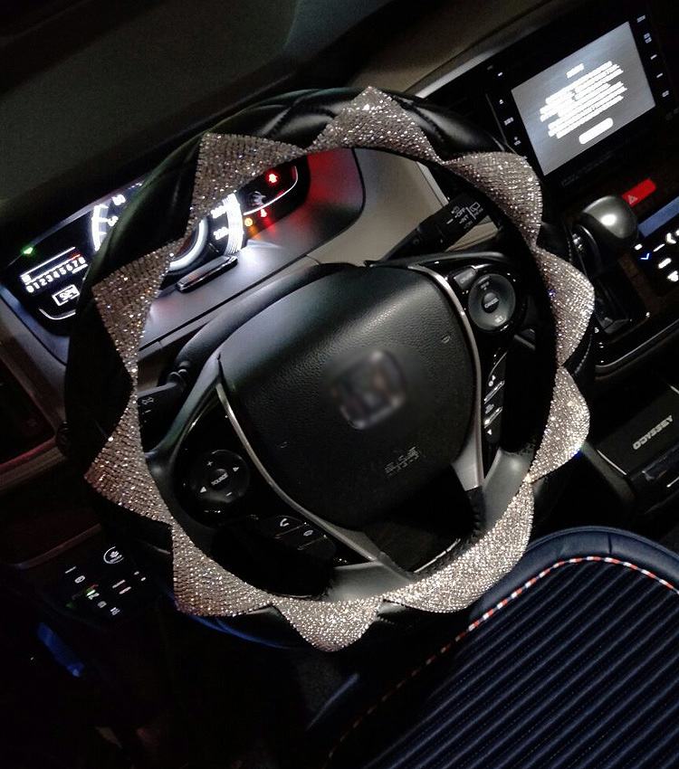 New Luxury Diamond Leather Car Steering Wheel Women Bling Crystal Handle Cover Interior - Black White