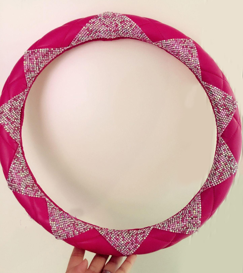 New Luxury Diamond Leather Car Steering Wheel Women Bling Crystal Handle Cover Interior - Rose Color