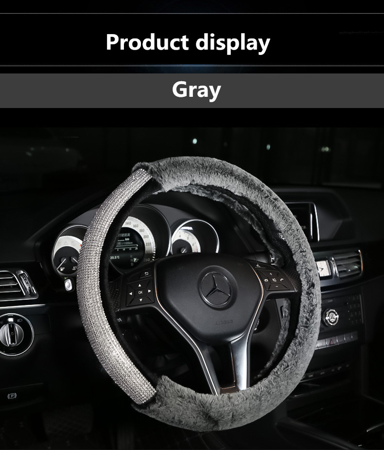 New Rhinestone Winter Plush Crystal Steering Wheel Case For Women Car Accessories - Grey