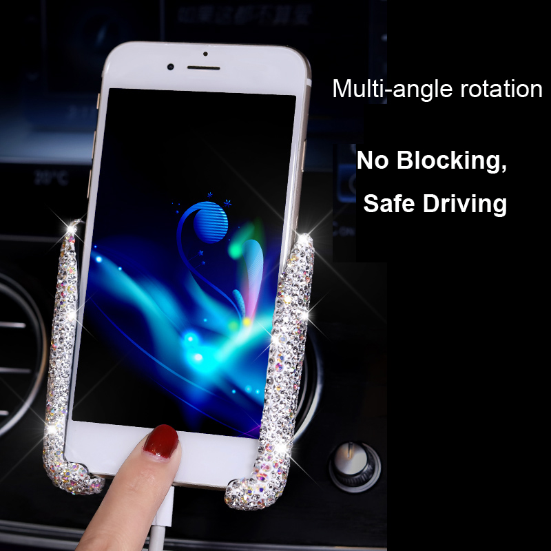 New Universal Car Mobile Phone Holder Crystal Rhinestone Air Vent Mount Clip Stand GPS - White