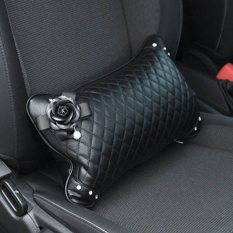 Nice Camellia Women Rhinestone Car Seat Waist Pillows PU Leather Rectangle Cushions 1pcs - Black
