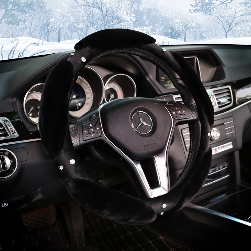 Nice Luxury Diamond Genuine Wool With Rabbit Fur Auto Steering Wheel Covers 15 inch 38CM - Black