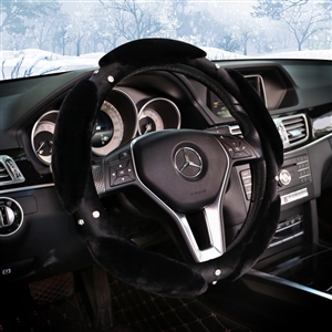 Nice Luxury Diamond Genuine Wool With Rabbit Fur Auto Steering Wheel Covers 15 inch 38CM - Black