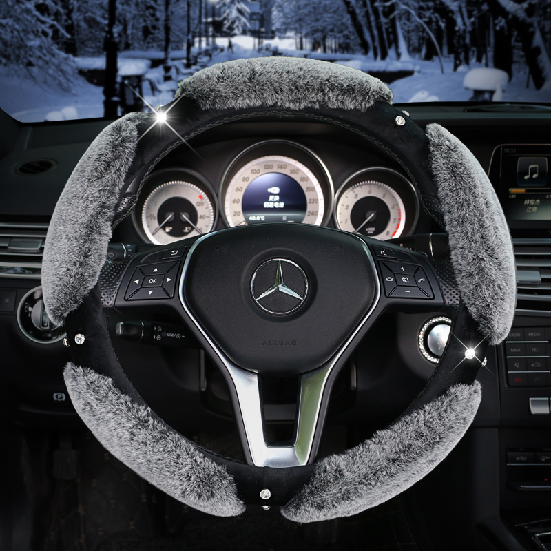 Nice Luxury Diamond Genuine Wool With Rabbit Fur Auto Steering Wheel Covers 15 inch 38CM - Grey