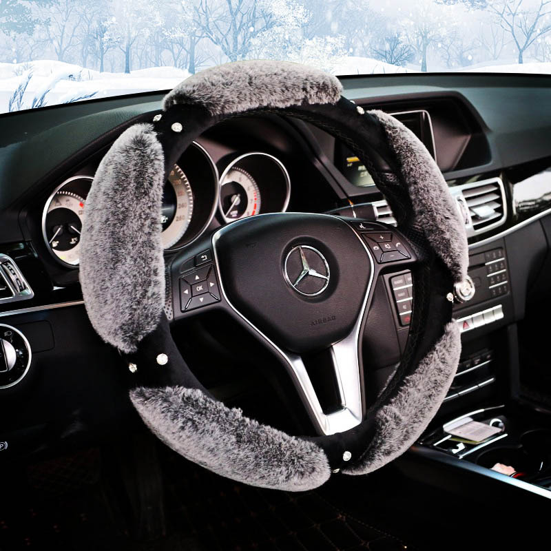 Nice Luxury Diamond Genuine Wool With Rabbit Fur Auto Steering Wheel Covers 15 inch 38CM - Grey
