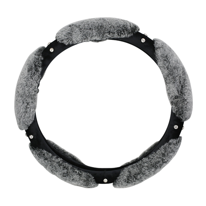Nice Luxury Diamond Genuine Wool With Rabbit Fur Auto Steering Wheel Covers 15 inch 38CM - Grey