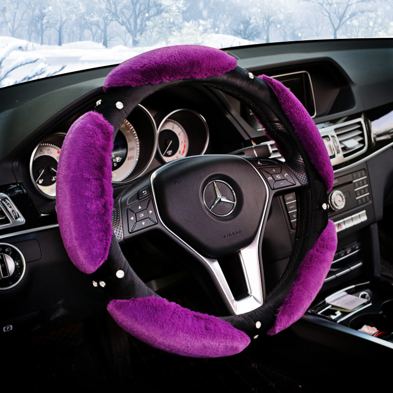 Nice Luxury Diamond Genuine Wool With Rabbit Fur Auto Steering Wheel Covers 15 inch 38CM - Purple