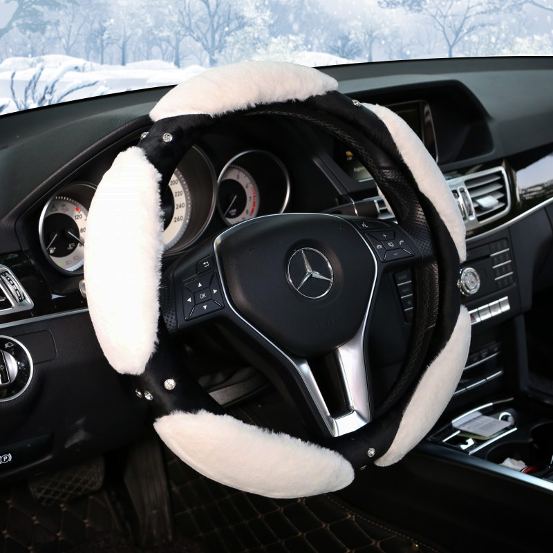 Nice Luxury Diamond Genuine Wool With Rabbit Fur Auto Steering Wheel Covers 15 inch 38CM - White