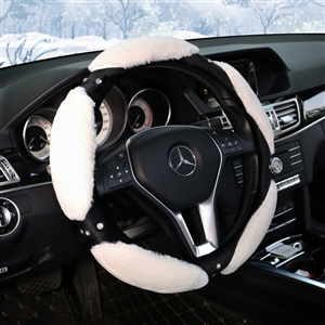 Nice Luxury Diamond Genuine Wool With Rabbit Fur Auto Steering Wheel Covers 15 inch 38CM - White