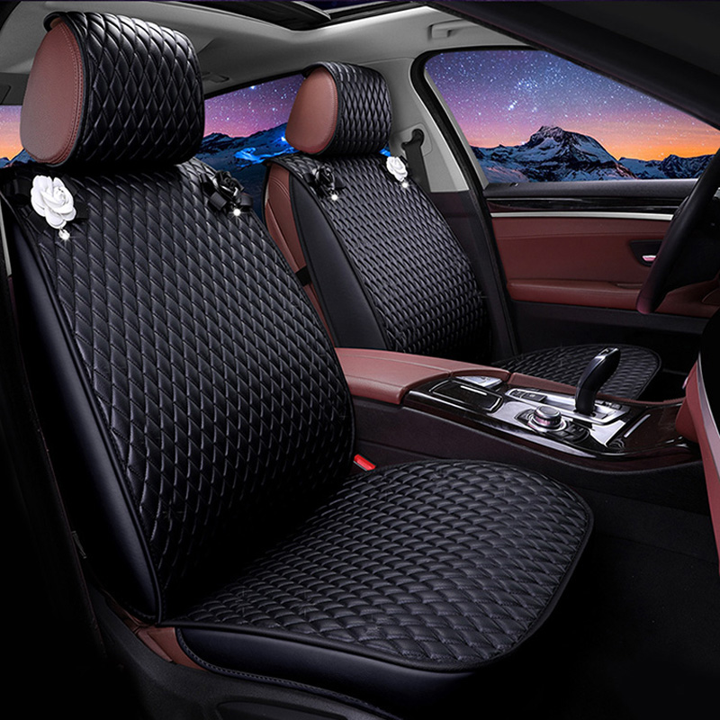 Personalized Leather Car Seat Covers Punk Camellia Universal Auto Cushion 5 Seat Vehicle Sets - Black White