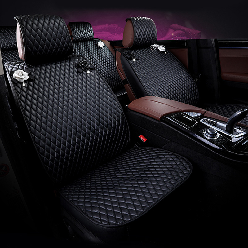 Personalized Leather Car Seat Covers Punk Camellia Universal Auto Cushion 5 Seat Vehicle Sets - Black White