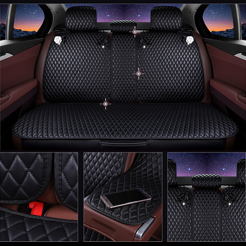 Personalized Leather Car Seat Covers Punk Camellia Universal Auto Cushion 5 Seat Vehicle Sets - Black White