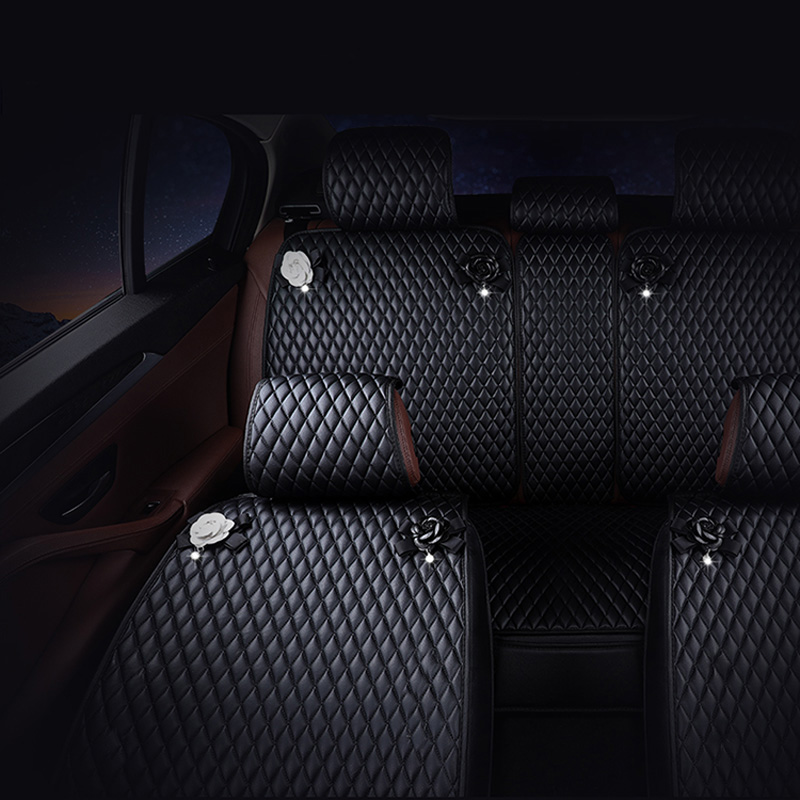 Personalized Leather Car Seat Covers Punk Camellia Universal Auto Cushion 5 Seat Vehicle Sets - Black White