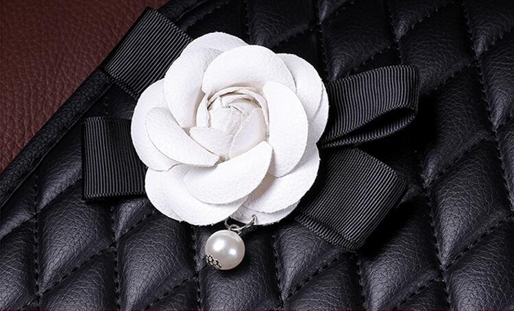 Personalized Leather Car Seat Covers Punk Camellia Universal Auto Cushion 5 Seat Vehicle Sets - Black White