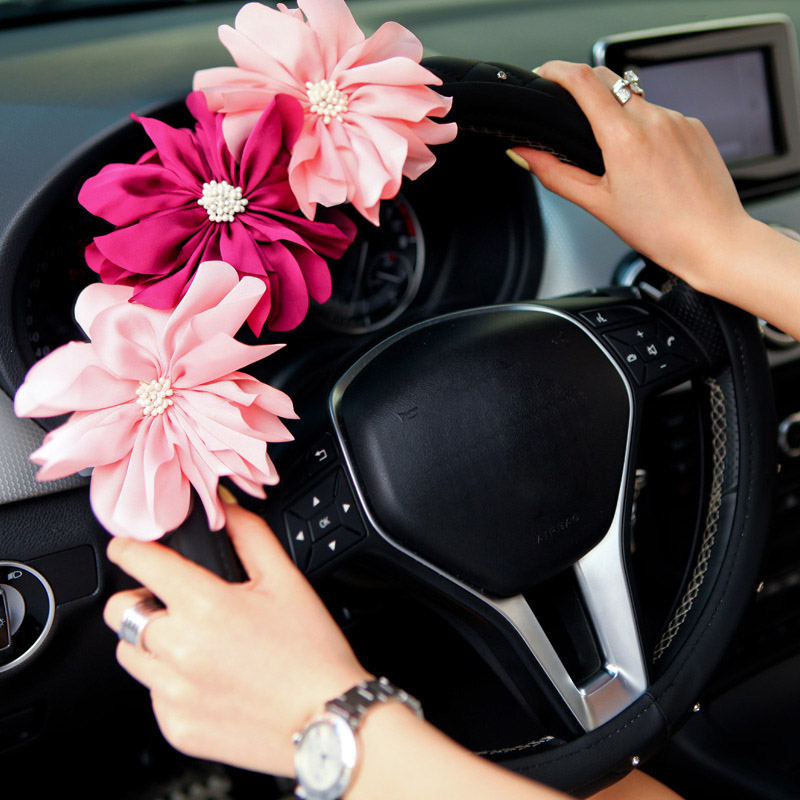 Pink Flower Rhinestone PU Leather Automobile Steering Wheel Covers 15 inch 38CM - Black