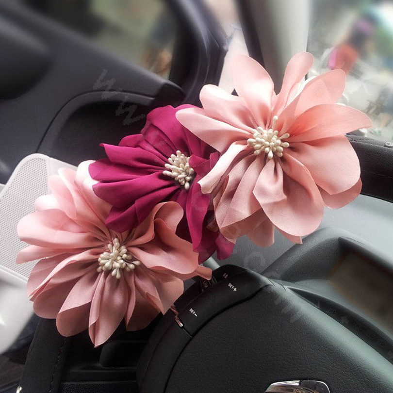 Pink Flower Rhinestone PU Leather Automobile Steering Wheel Covers 15 inch 38CM - Black