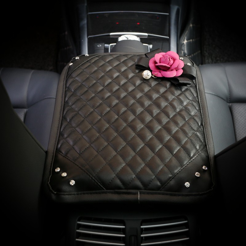 Pretty Camellia Women Rhinestone Car Armrest Pad PU Leather Armrest Cushions 1pcs - Black