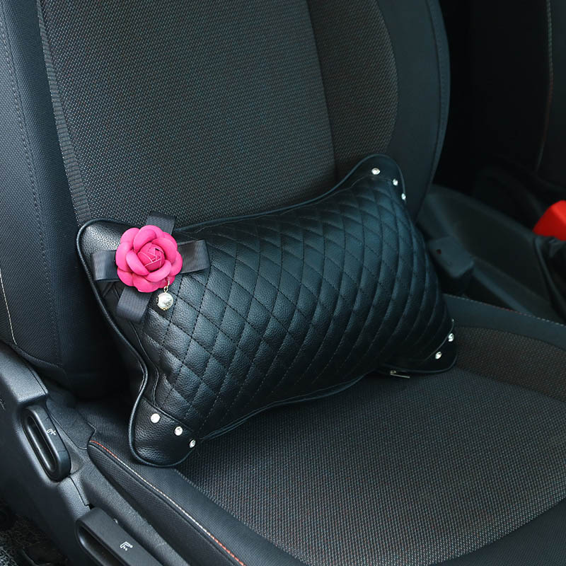 Pretty Camellia Women Rhinestone Car Seat Waist Pillows PU Leather Rectangle Cushions 1pcs - Black