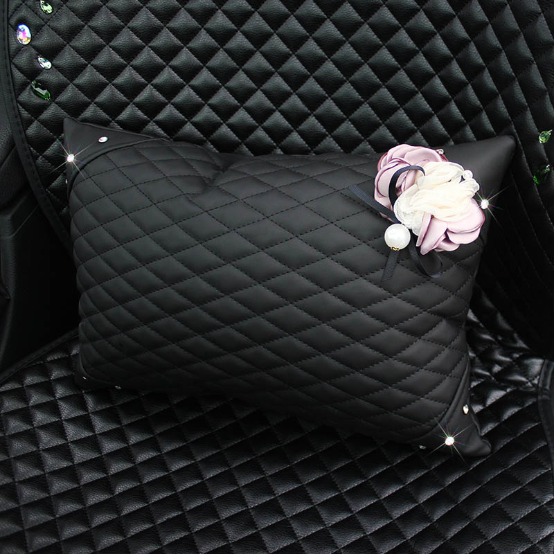 Pretty Flower Female Rhinestone Car Seat Waist Pillows PU Leather Rectangle Cushions 1pcs - Black