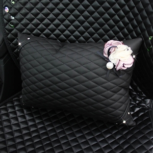 Pretty Flower Female Rhinestone Car Seat Waist Pillows PU Leather Rectangle Cushions 1pcs - Black