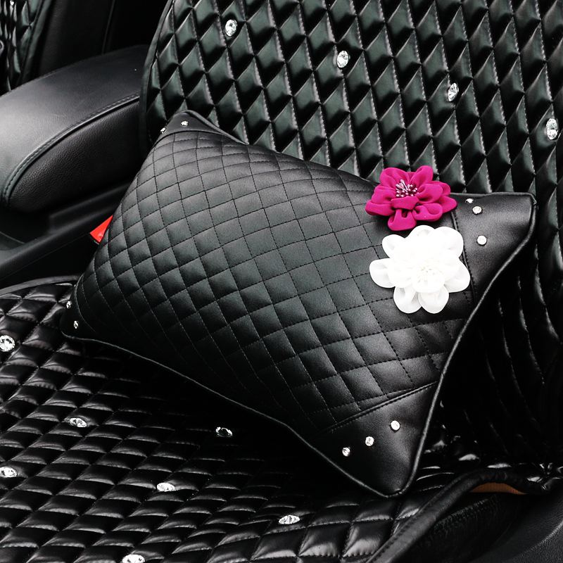 Pretty Flower Women Rhinestone Car Seat Waist Pillows PU Leather Rectangle Cushions 1pcs - Black