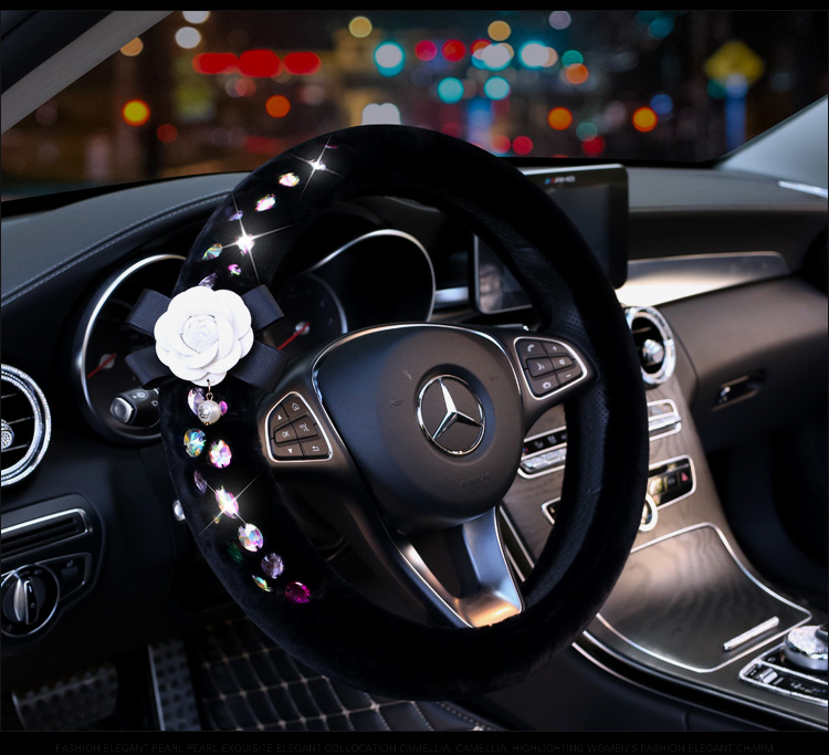 Top Crytsal Plush Car Steering Wheel Covers Diamond Flower for Women 15 inch 38CM - Black White