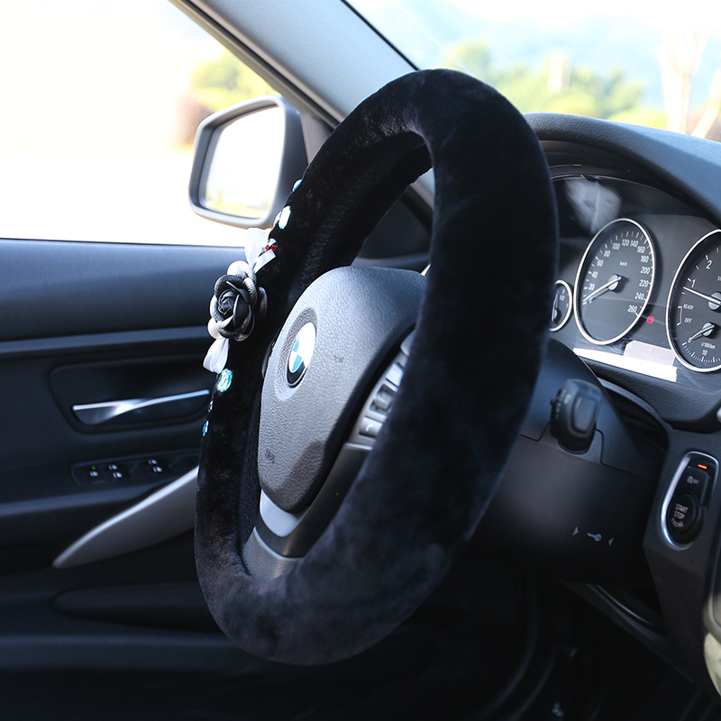 Top Crytsal Plush Car Steering Wheel Covers Pearl Camellia for Women 15 inch 38CM - Black