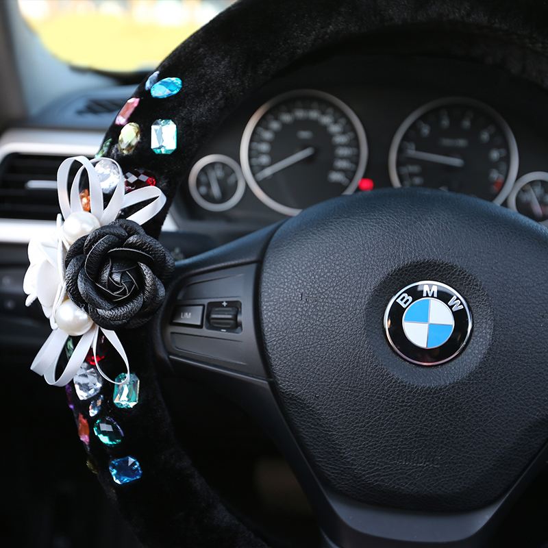 Top Crytsal Plush Car Steering Wheel Covers Pearl Camellia for Women 15 inch 38CM - Black
