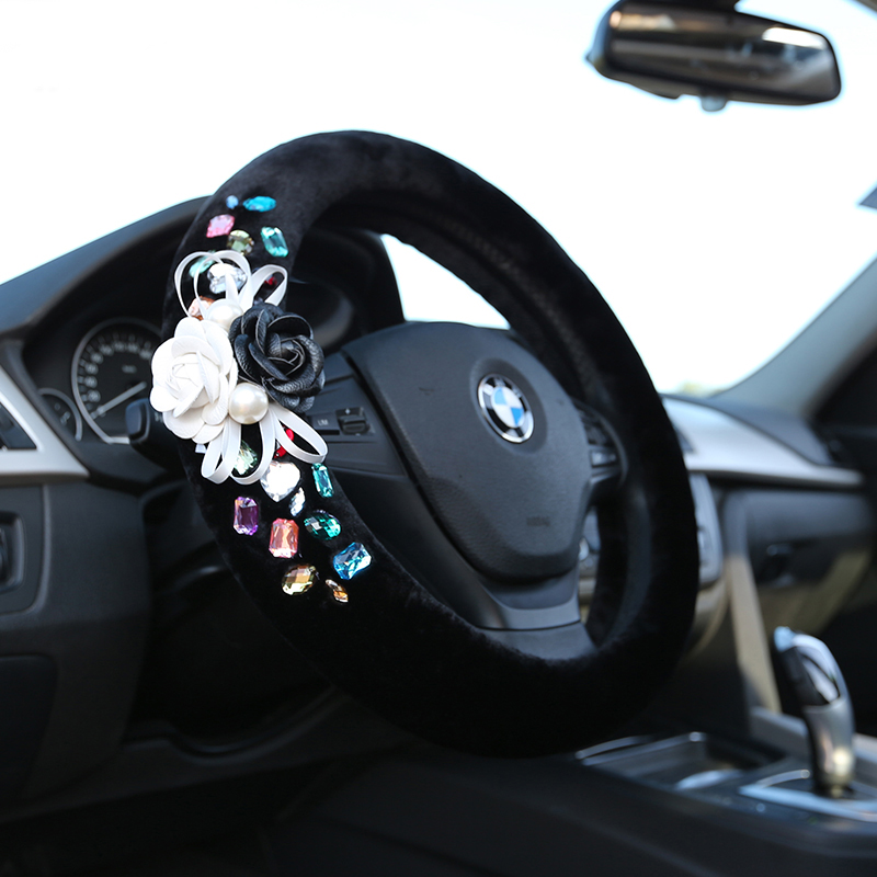 Top Crytsal Plush Car Steering Wheel Covers Pearl Camellia for Women 15 inch 38CM - Black