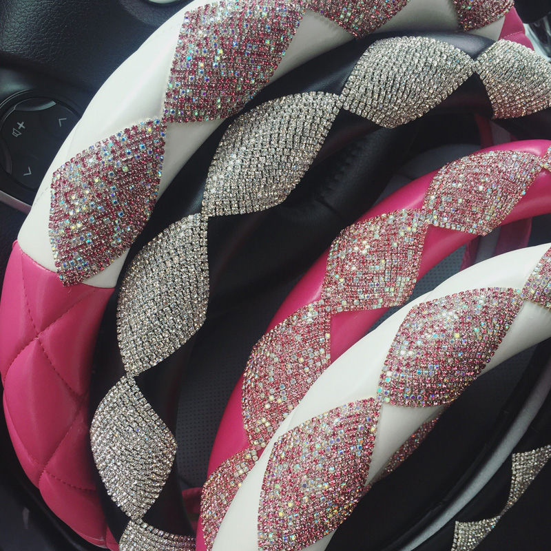 Top Luxury Women Car Steering Wheel Covers Crystal PU Leather 15 inch 38CM - Black