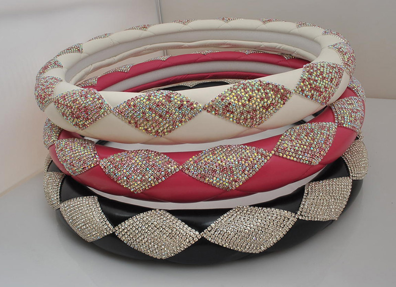 Top Luxury Women Car Steering Wheel Covers Crystal PU Leather 15 inch 38CM - Black