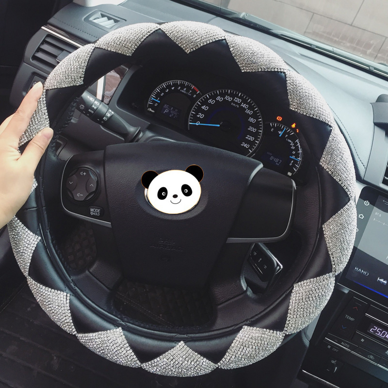 Top Luxury Women Car Steering Wheel Covers Crystal PU Leather 15 inch 38CM - Black