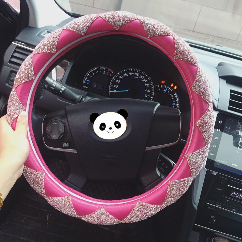 Top Luxury Women Car Steering Wheel Covers Crystal PU Leather 15 inch 38CM - Rose