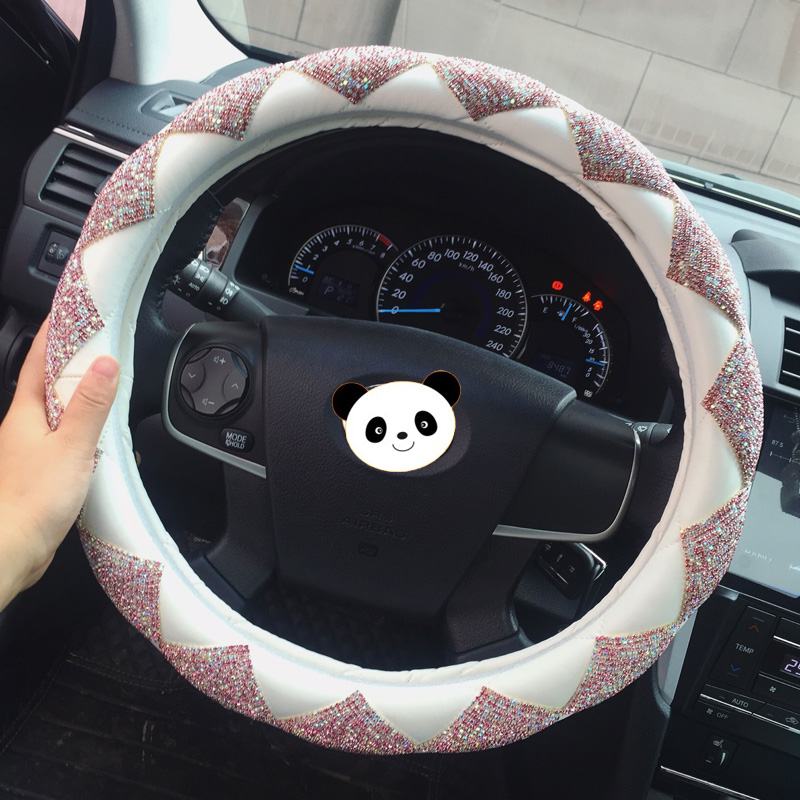 Top Luxury Women Car Steering Wheel Covers Crystal PU Leather 15 inch 38CM - White