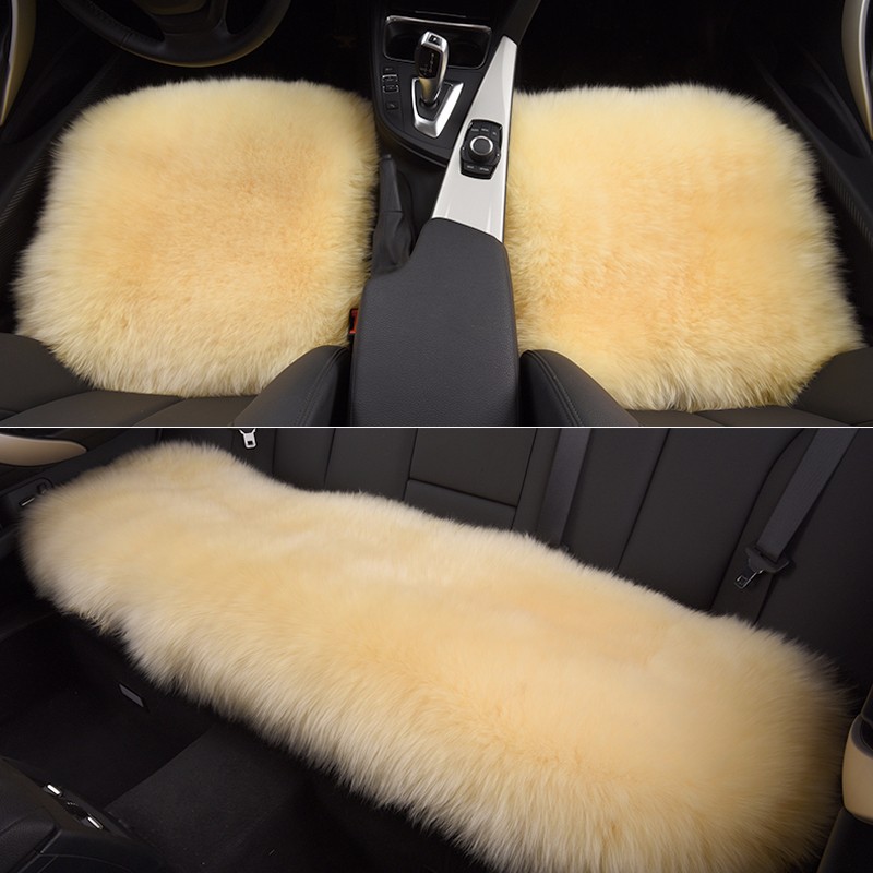 Top Quality Long Wool Universal Car Seat Cushion Sheepskin Fur One Piece Pads 3pcs Set - Beige