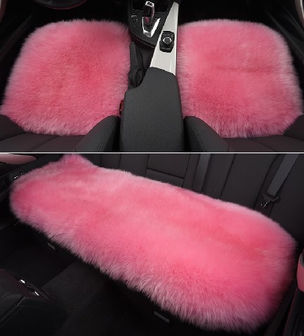 Top Quality Long Wool Universal Car Seat Cushion Sheepskin Fur One Piece Pads 3pcs Set - Pink