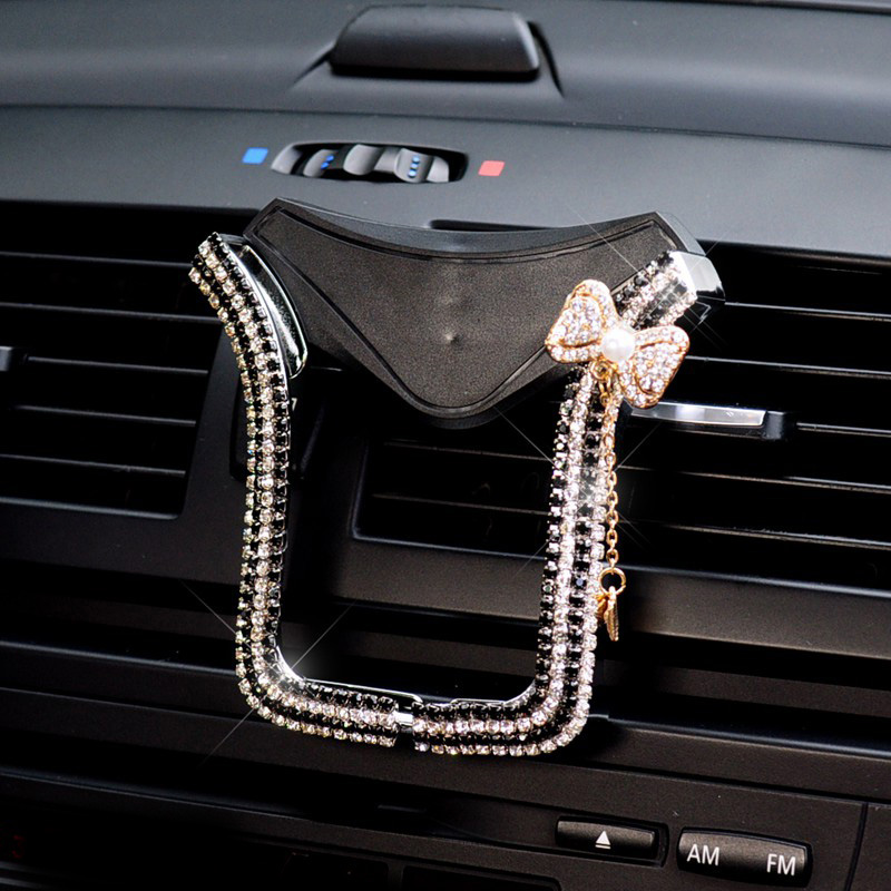 U Shape Universal Car Mobile Phone Holder Crystal Bow Air Vent Mount Clip Stand GPS - Black