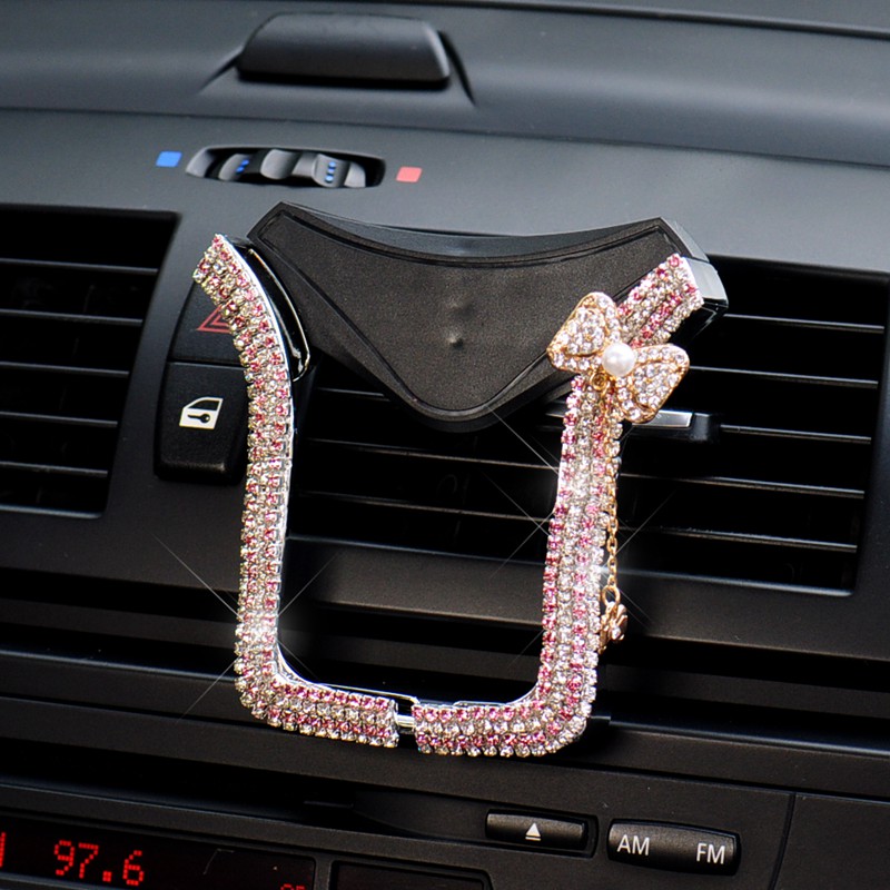 U Shape Universal Car Mobile Phone Holder Crystal Bow Air Vent Mount Clip Stand GPS - Pink