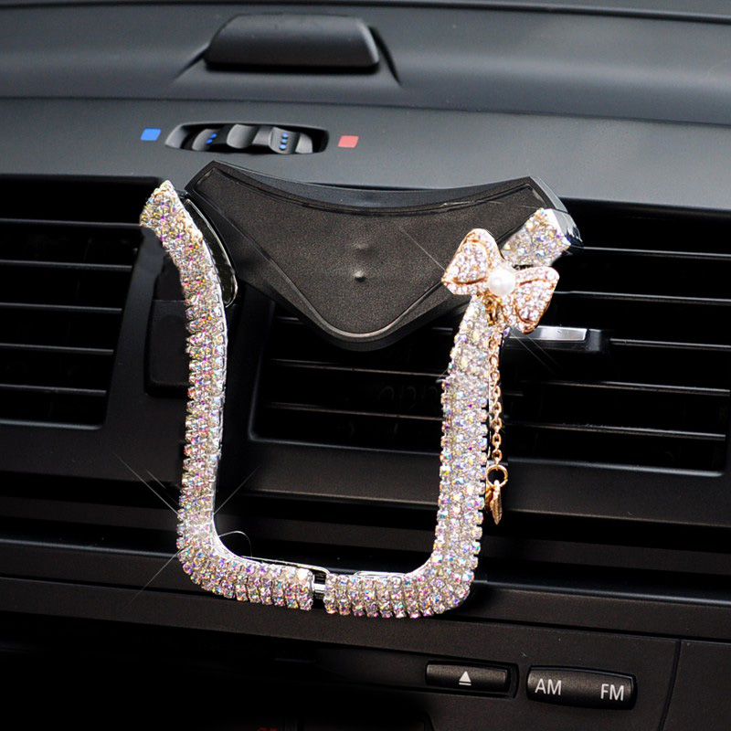 U Shape Universal Car Mobile Phone Holder Crystal Bow Air Vent Mount Clip Stand GPS - White