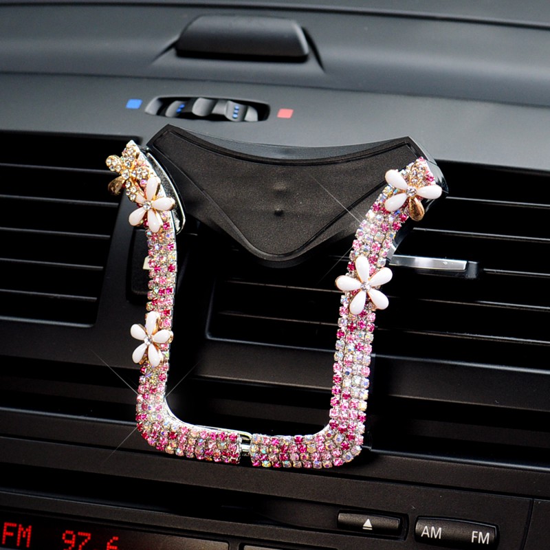 U Shape Universal Car Mobile Phone Holder Crystal Flower Air Vent Mount Clip Stand GPS - Pink