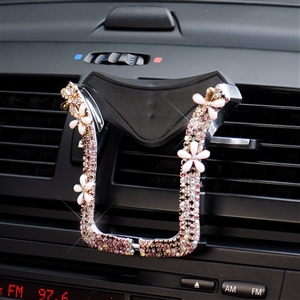 U Shape Universal Car Mobile Phone Holder Crystal Flower Air Vent Mount Clip Stand GPS - Purple