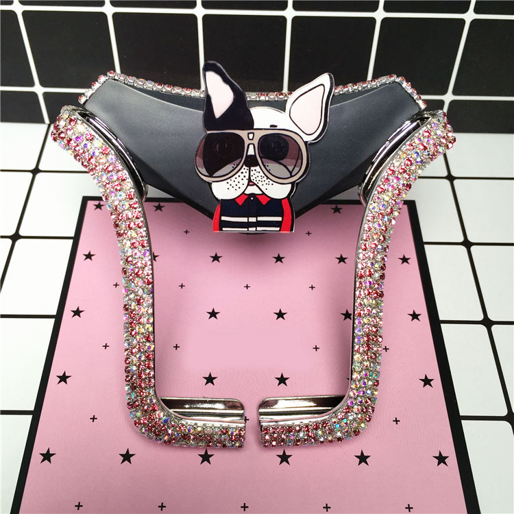 U Shape Universal Car Mobile Phone Holder Crystal Glasses Dog Air Vent Mount Clip Stand GPS - AB Pink