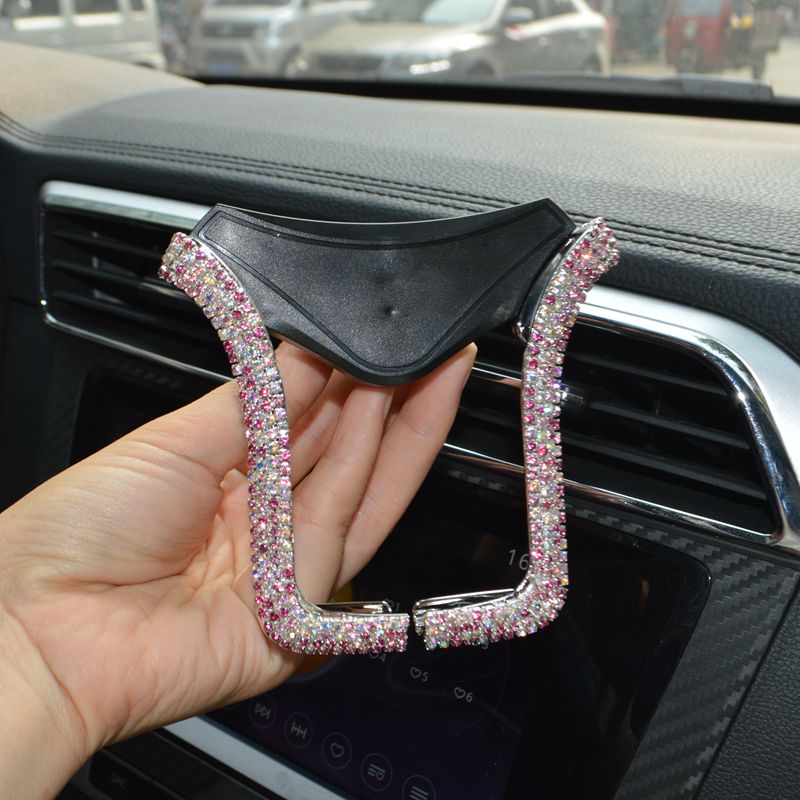 U Shape Universal Car Mobile Phone Holder Crystal Rhinestone Air Vent Mount Clip Stand GPS - AB Pink