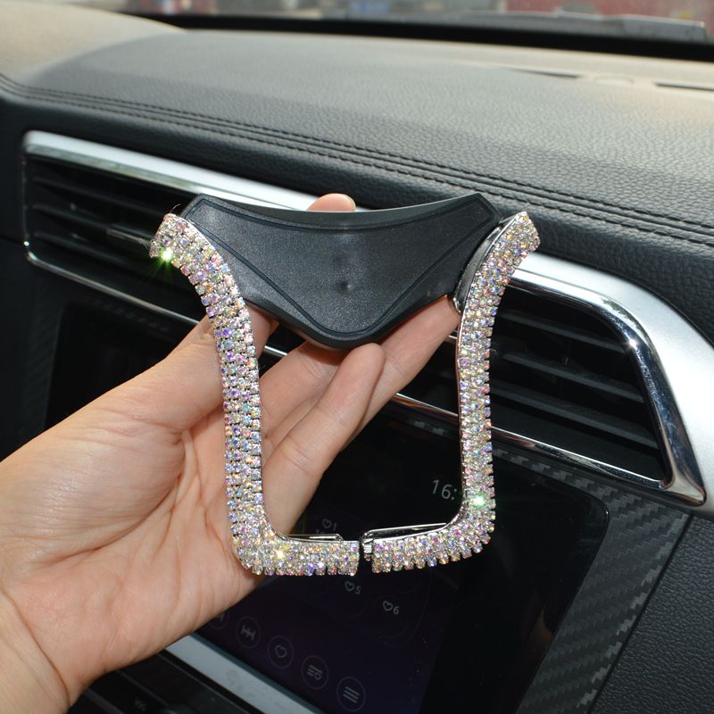 U Shape Universal Car Mobile Phone Holder Crystal Rhinestone Air Vent Mount Clip Stand GPS - AB White