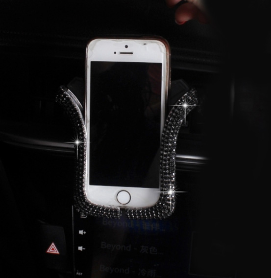 U Shape Universal Car Mobile Phone Holder Crystal Rhinestone Air Vent Mount Clip Stand GPS - Black