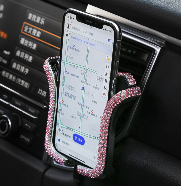 U Shape Universal Car Mobile Phone Holder Crystal Rhinestone Air Vent Mount Clip Stand GPS - Pink