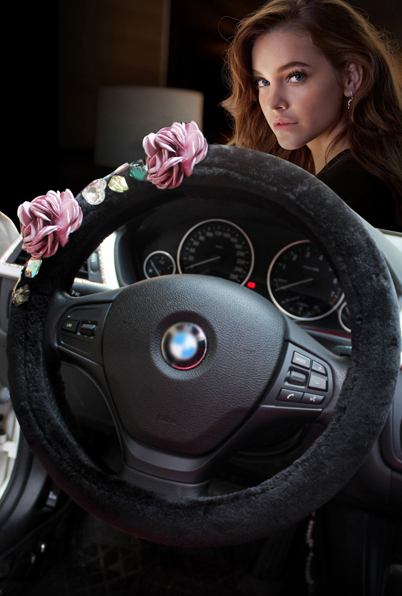 Vintage Women Crystal Rose Car Steering Wheel Covers Plush 15 inch 38CM - Black