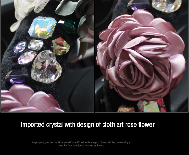 Vintage Women Crystal Rose Car Steering Wheel Covers Plush 15 inch 38CM - Black